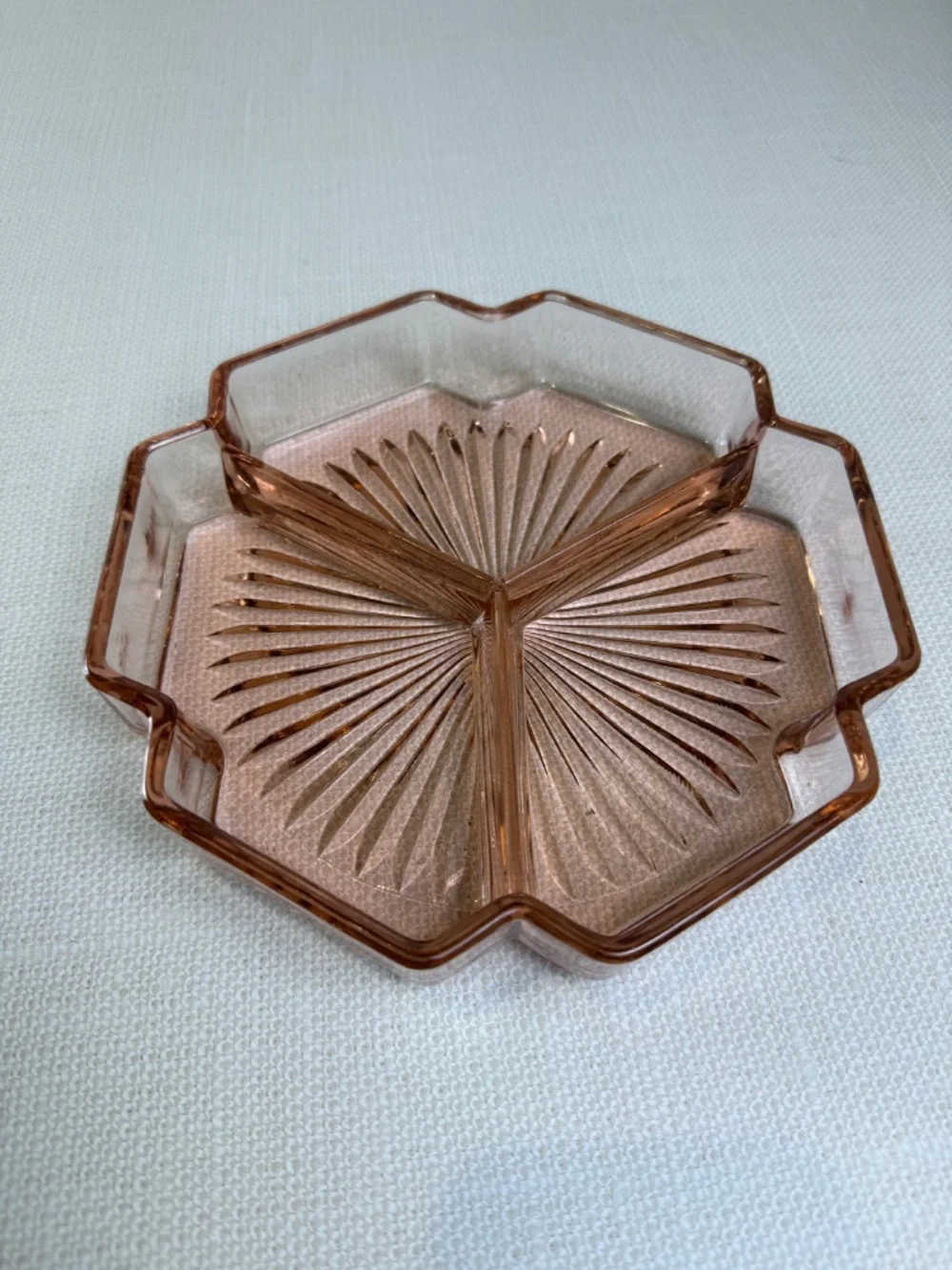 Pink Depression Glass 3-Section Divided Relish & Candy Dish — Starburst Pattern - Picture 10 of 10